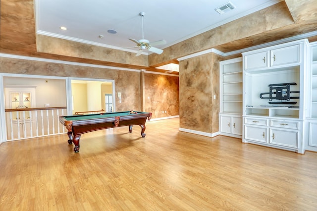 recreation room with light wood-style flooring, billiards, ornamental molding, and visible vents