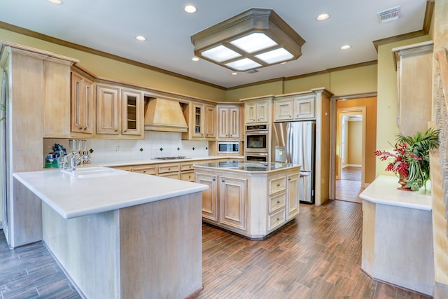 kitchen with custom range hood, glass insert cabinets, dark wood-type flooring, stainless steel appliances, and a sink