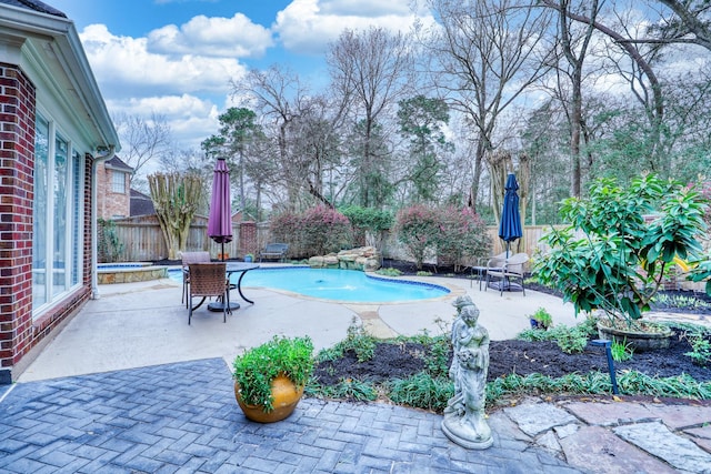 view of pool featuring a patio area, a fenced backyard, and a fenced in pool