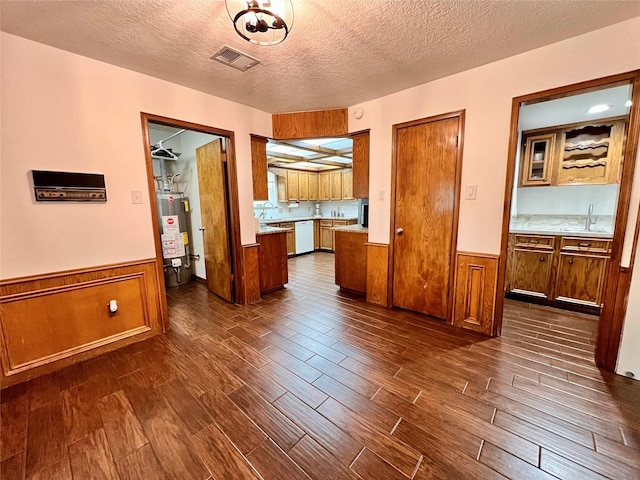 interior space with water heater, a wainscoted wall, dark wood-style flooring, and a sink