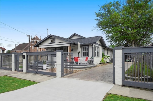 view of front facade featuring roof with shingles, driveway, a fenced front yard, and a gate