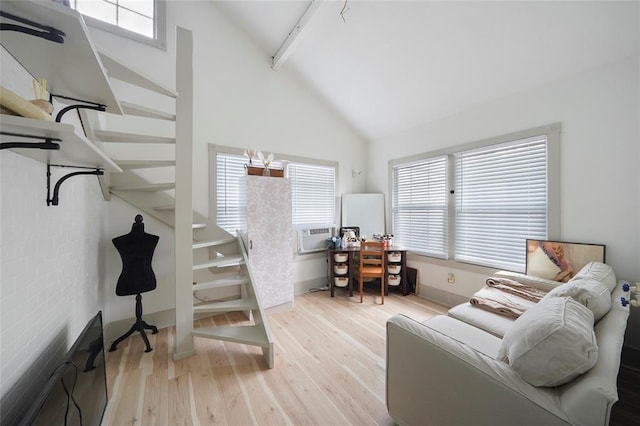 office area with high vaulted ceiling, cooling unit, wood finished floors, and beam ceiling