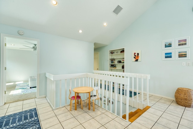 hall with recessed lighting, tile patterned flooring, visible vents, and an upstairs landing