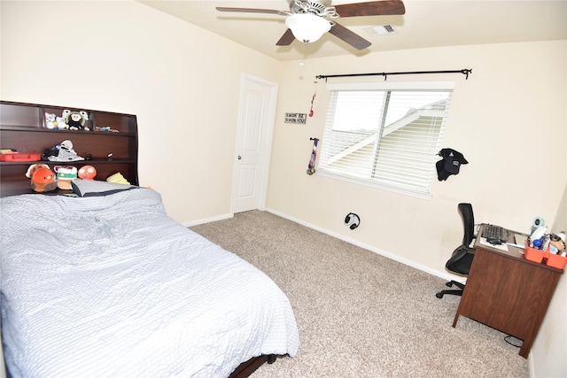 bedroom with visible vents, baseboards, ceiling fan, and carpet flooring