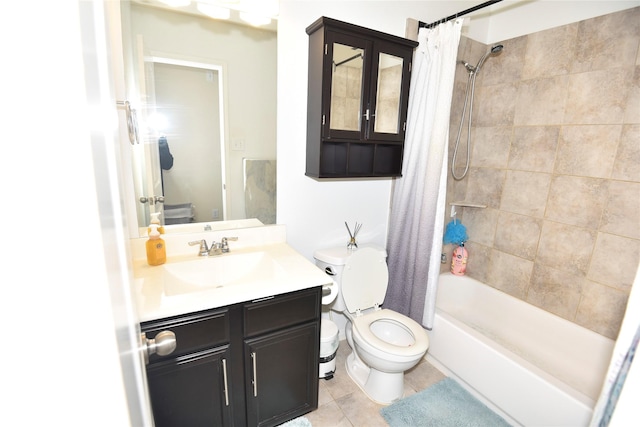 full bath featuring toilet, vanity, shower / bath combination with curtain, and tile patterned floors