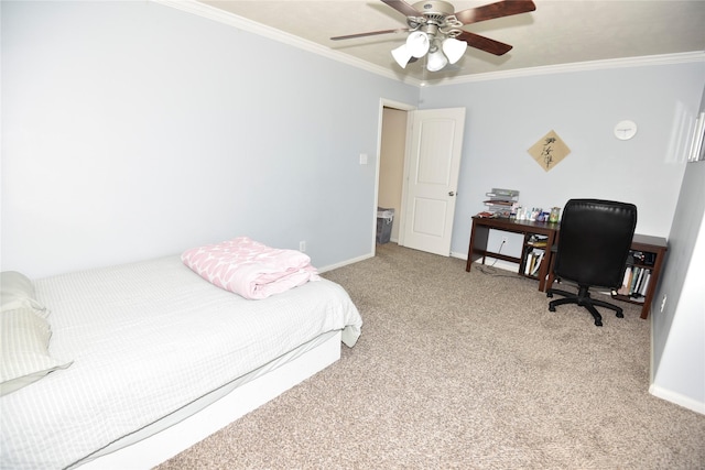 bedroom featuring baseboards, ornamental molding, a ceiling fan, and light colored carpet