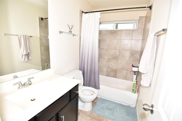 full bathroom featuring toilet, tile patterned flooring, vanity, and shower / bathtub combination with curtain