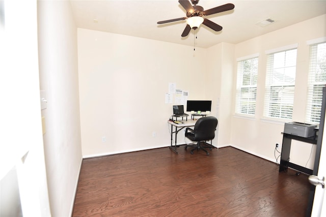 home office featuring dark wood-style floors, ceiling fan, visible vents, and baseboards