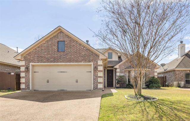 traditional-style home featuring a garage, driveway, brick siding, and a front yard