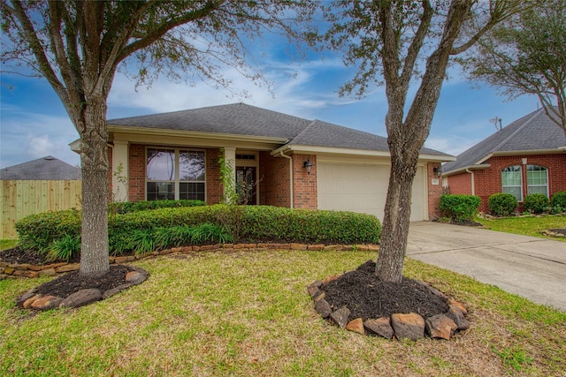 ranch-style house with driveway, an attached garage, fence, a front lawn, and brick siding