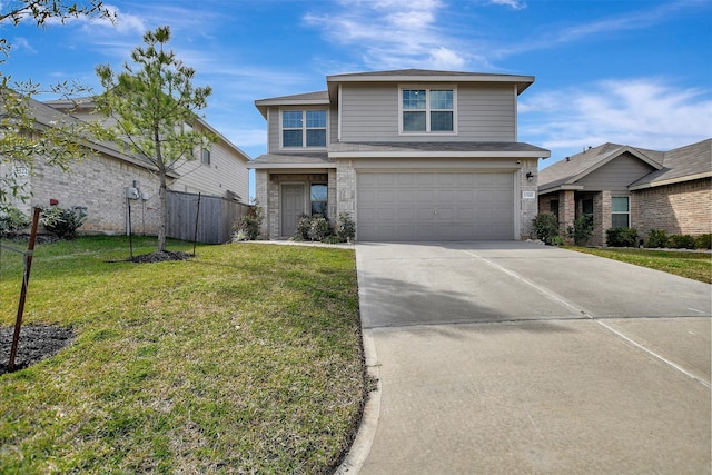 view of front of house featuring concrete driveway, a front lawn, an attached garage, and fence