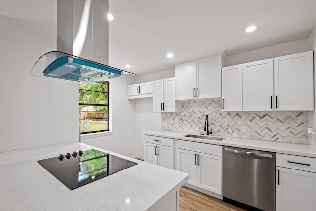 kitchen featuring island range hood, decorative backsplash, dishwasher, black electric cooktop, and a sink