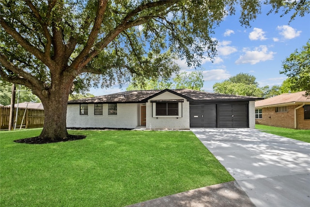 ranch-style house featuring a garage, brick siding, fence, concrete driveway, and a front yard