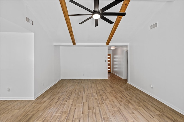 unfurnished living room featuring baseboards, ceiling fan, visible vents, and wood finished floors