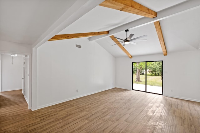 spare room with visible vents, lofted ceiling with beams, ceiling fan, wood finished floors, and baseboards