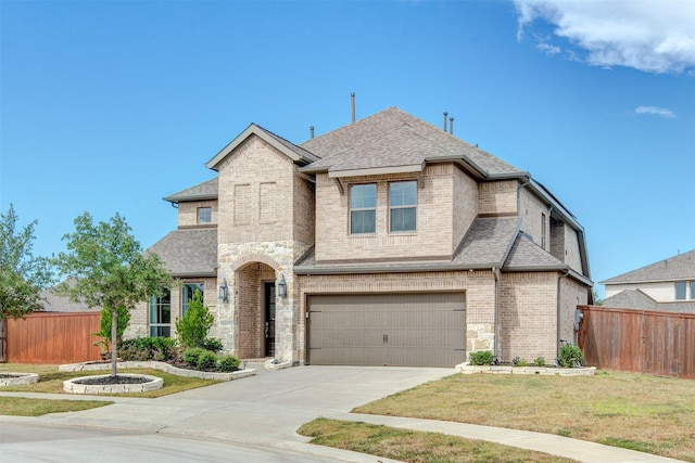 french provincial home featuring concrete driveway, roof with shingles, fence, and brick siding