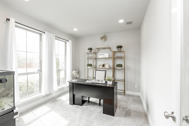 office space featuring visible vents, baseboards, carpet flooring, and recessed lighting