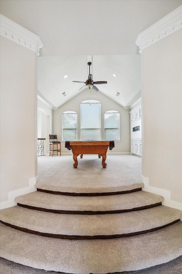 playroom featuring recessed lighting, carpet flooring, a ceiling fan, baseboards, and vaulted ceiling