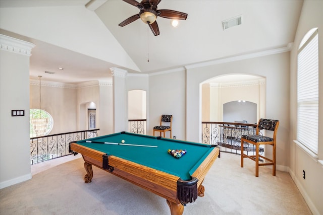 rec room featuring carpet floors, baseboards, visible vents, and crown molding