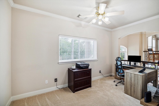 office featuring baseboards, ornamental molding, and light colored carpet