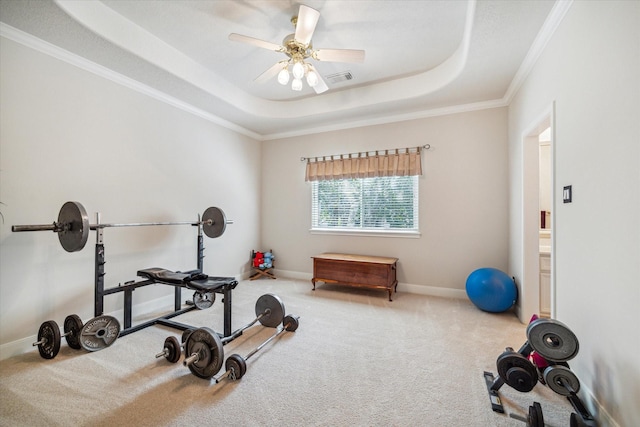 exercise room featuring visible vents, baseboards, a raised ceiling, crown molding, and carpet floors