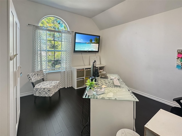 office featuring baseboards, lofted ceiling, and dark wood-style floors