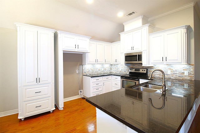 kitchen featuring stainless steel appliances, backsplash, white cabinets, a sink, and a peninsula