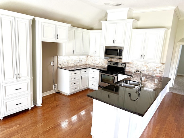kitchen with a peninsula, dark countertops, appliances with stainless steel finishes, a sink, and wood finished floors