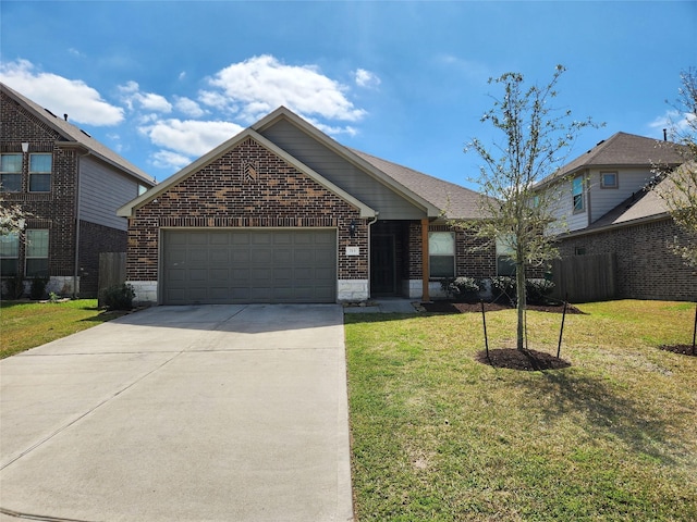 view of front facade featuring driveway, stone siding, an attached garage, a front lawn, and brick siding