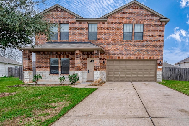 traditional home featuring a front yard, stone siding, and fence