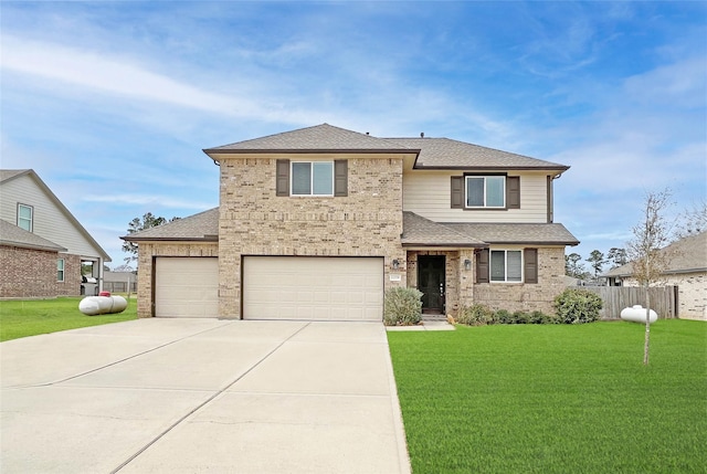 view of front of property featuring brick siding, fence, concrete driveway, roof with shingles, and a front lawn