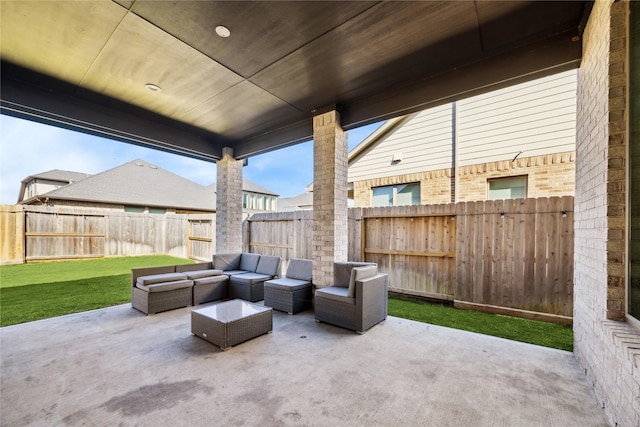 view of patio with a fenced backyard and an outdoor living space