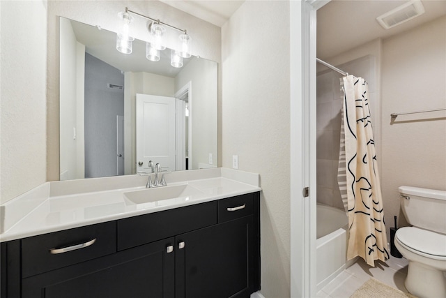 full bathroom featuring visible vents, toilet, tile patterned floors, shower / bathtub combination with curtain, and vanity