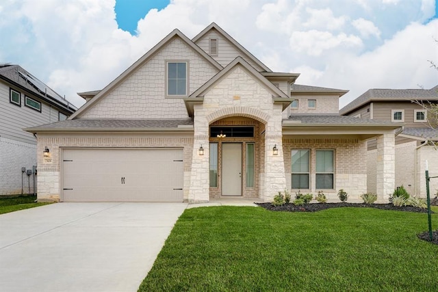 view of front facade featuring brick siding, a shingled roof, concrete driveway, a garage, and a front lawn