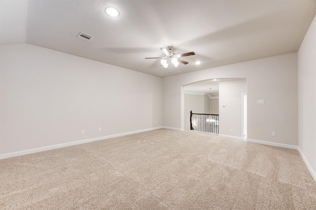 empty room with recessed lighting, visible vents, light carpet, ceiling fan, and baseboards