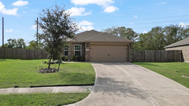 view of front of house featuring concrete driveway, brick siding, a front lawn, and an attached garage