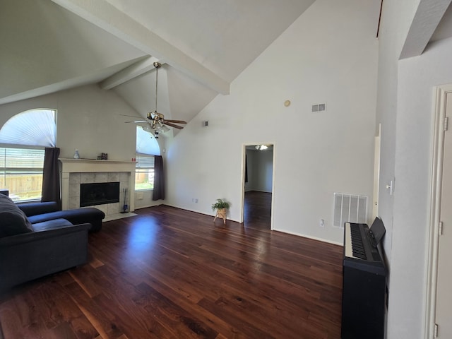 4731 Mohegan Ct, Baytown, TX 77521 - living room with a ceiling fan, visible vents, wood finished floors, beam ceiling, and high vaulted ceiling