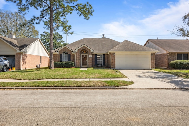 ranch-style house with a garage, brick siding, a shingled roof, concrete driveway, and a front yard