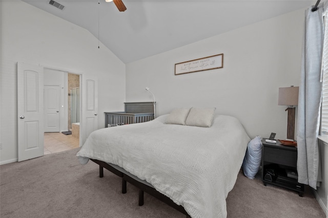 bedroom with carpet, visible vents, a ceiling fan, high vaulted ceiling, and tile patterned floors