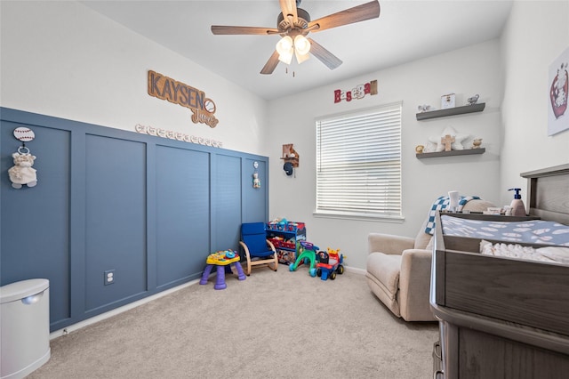 carpeted bedroom featuring ceiling fan