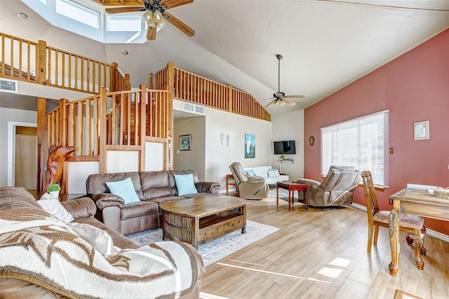 living area with high vaulted ceiling, visible vents, ceiling fan, and light wood finished floors