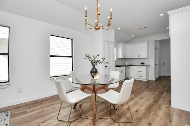 dining room featuring recessed lighting, visible vents, light wood-style flooring, and baseboards