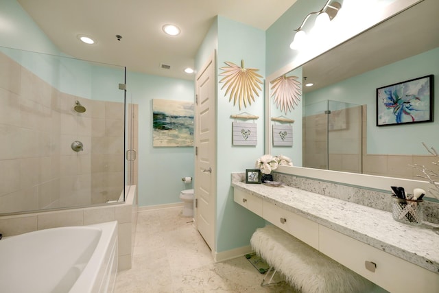 full bathroom with visible vents, a shower stall, baseboards, toilet, and recessed lighting