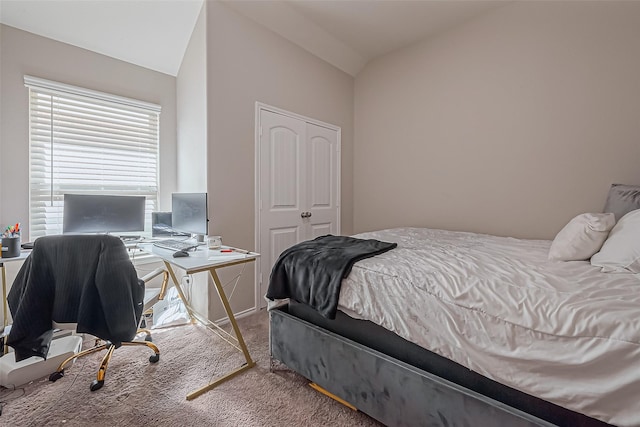 bedroom with a closet, carpet floors, and vaulted ceiling