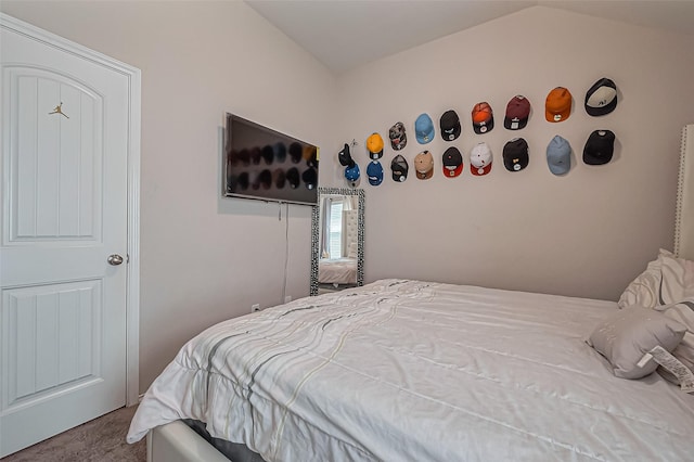 bedroom with lofted ceiling and carpet flooring