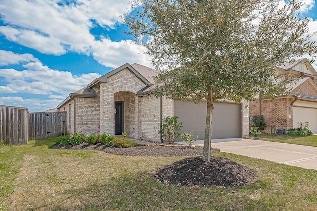 view of front of property with cooling unit, driveway, a front lawn, a garage, and brick siding