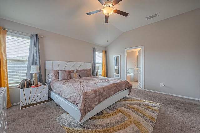 carpeted bedroom with visible vents, ceiling fan, baseboards, and lofted ceiling