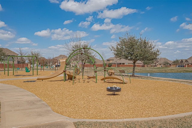 community play area featuring a residential view and a water view