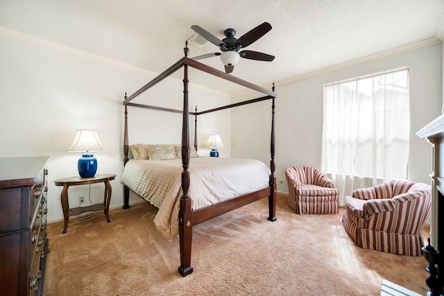 bedroom featuring baseboards, carpet, crown molding, and a textured ceiling