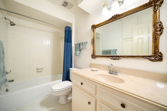 full bathroom with visible vents, toilet, shower / tub combo with curtain, tile patterned flooring, and vanity